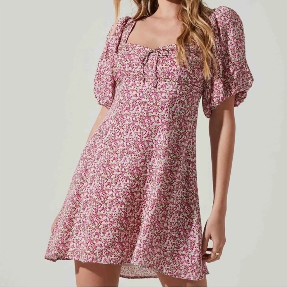 Astr Floral Print Puff Sleeve Dress Magenta Lime Ditsy XS - Picture 5 of 14